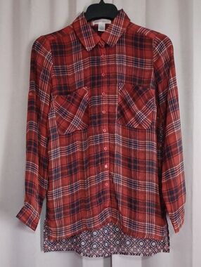 Band of Gypsies Boho Plaid Floral Mixed Print Sheer Button Front High/Low Top